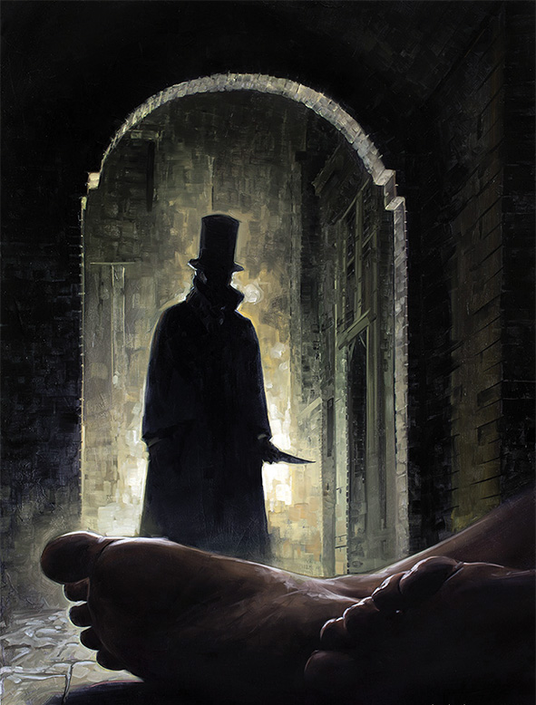 Un homme tout de noir vêtu avec un chapeau haut de forme tient un couteau et regarde un cadavre dans un ruelle