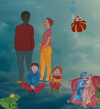 2 adultes et 2 enfants sur fond de ciel nuageux écoutent des contes