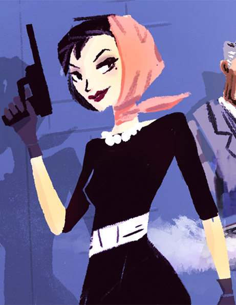 Un agent secret féminin avec pistolet et foulard rose pâle